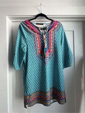 Turquoise Printed Tunic Dress with Multicolor Yoke - Women